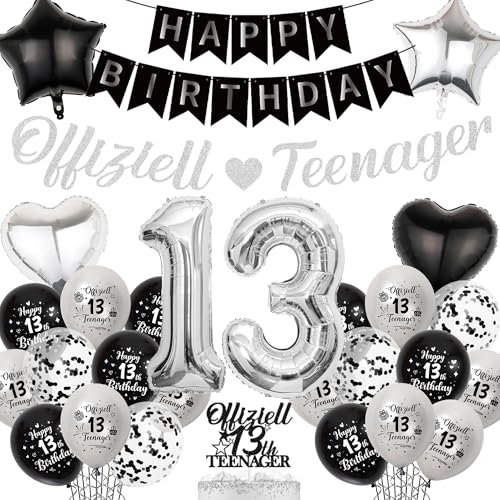 Xietaea Deko 13. Geburtstag Junge Mädchen - Schwarz Silber Offiziell Teenager Geburtstagsdeko Happy Birthday Girlande Zahl Ballons Tortendeko und Folienballon für 13 Geburtstagsfeier Dekoration
