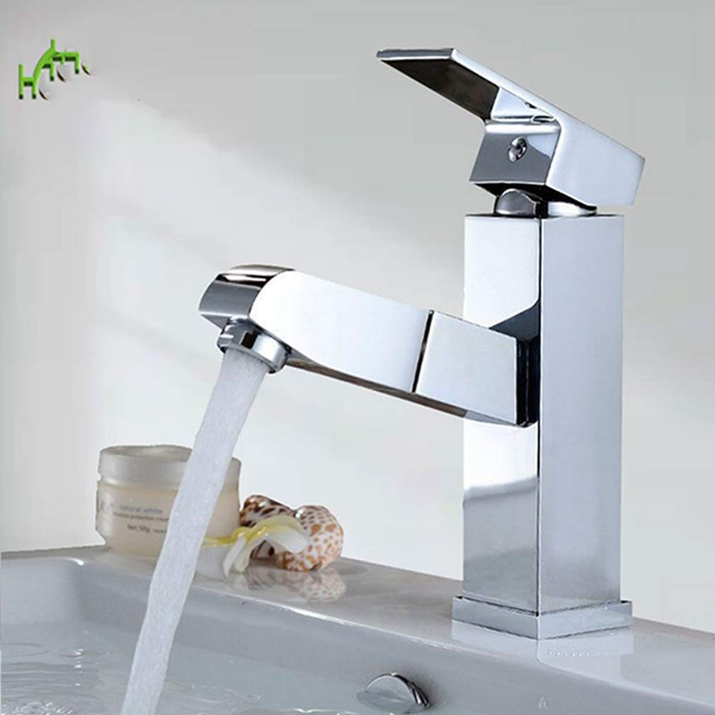 Robinet mitigeur extractible en laiton chromé pour lavabo de salle de bain design carré