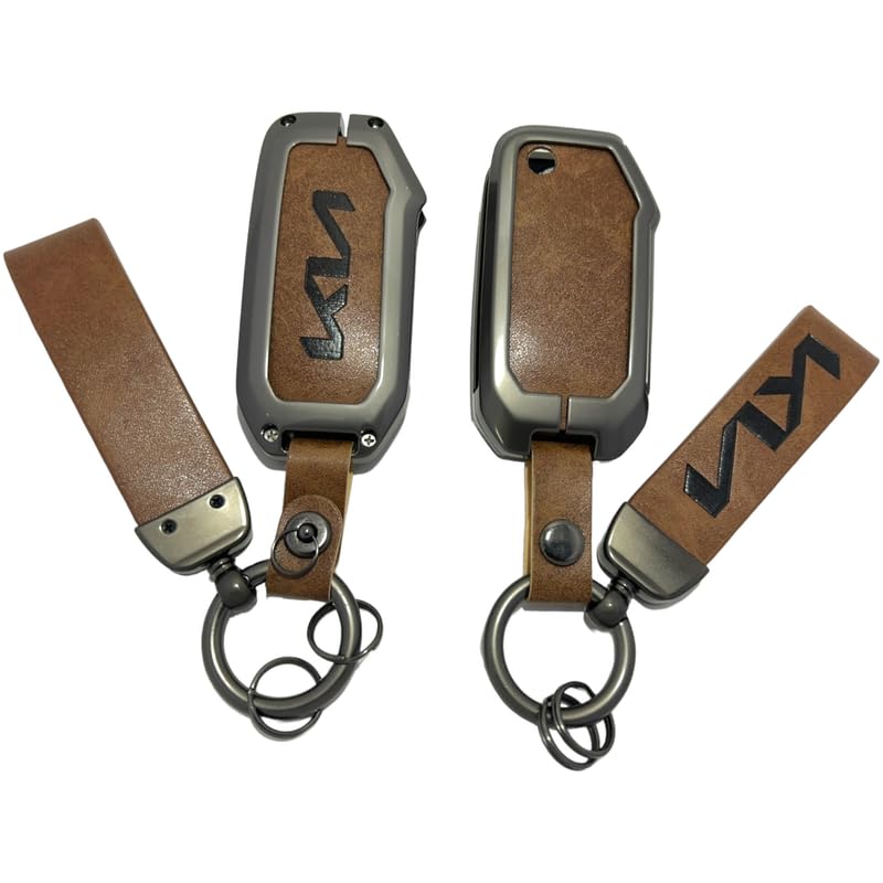 Zinc Metal Alloy Leather Car Key Cover & Case Brown with Keychain & Holder Compatible for KIA Seltos, Sonet, Carens (3 Button Flip Key)-image-39