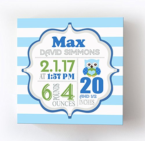 Personalized Stretched Canvas, Striped Birth Announcement, Custom Baby Name, Date, Weight Stats, Safari Owl Nursery Wall Decor, Wooden Frame Construction, Ready to Hang 24X24
