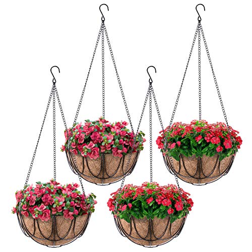 MICGEEK 4 Pack Metal Hanging Planter Basket with Coco Liner, 10 inches Metal Hanging Basket for Flower, Coco Liners for Plants, Hanging Basket for Plants, Garden, Outdoor, Indoorr -HB02 (10 in)