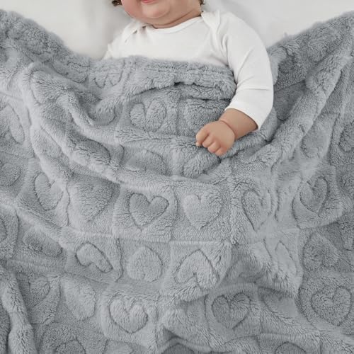 Image of CREVENT 30 inchX40 inch Cozy Soft Warm Sherpa Baby Blanket for Girls Boys, Newborn Essentials for Infant, Baby Shower Receiving Gift - Grey Heart 75X100cm + Gift Bag with Ribbon