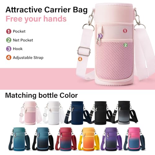 Insulated Water Bottle | Thickened Stainless Steel Vacuum Metal | Portable Sports Water Jug for Gym and Hiking with Straw, Carrier Bag, Handle Strap | BPA-Free 32 oz, Pink