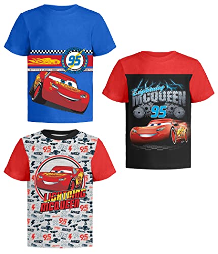 T-shirt Cars Flash McQueen lot de 3 hauts en coton bleu rouge gris pour garçon de 4 ans