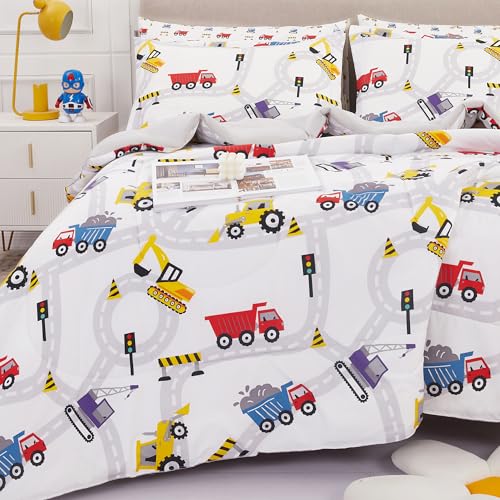 Image of Viviland Kids Full Bedding Sets for Boys, Girls Soft Full Comforter Set with Sheets, 7 Pieces Microfiber Bed in a Bag, White Car Excavator