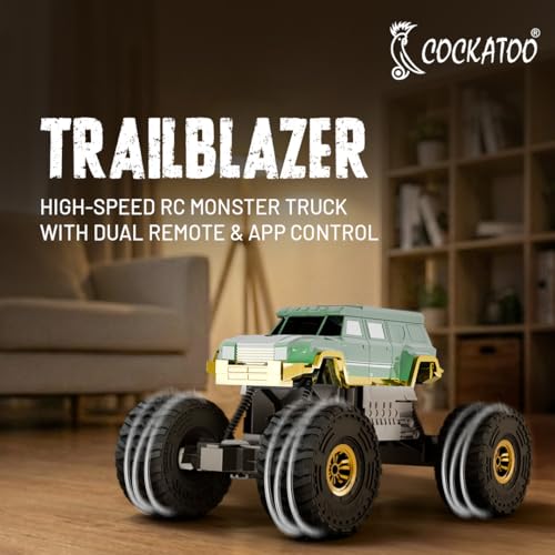Image of Cockatoo-Kids Trailblazer 2WD Rechargeable Remote Control Car with App & Remote, Off-Road Monster Truck Toy for Boys Girls, Nitro Boost, Shock Absorber, Bluetooth Speaker, Fast USB Charging, Green