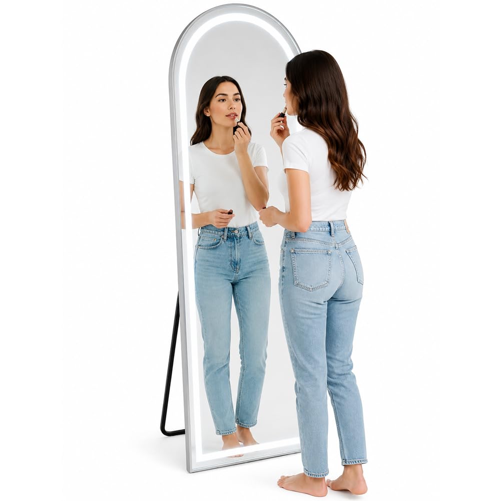 Shally Dogan Specchio Figura Intera ad Arco con Struttura in Alluminio Indipendente e Led a 3 Colori Bianco Freddo, Caldo e Naturale, Illuminazione Dimmerabile e Accensione Touch Moderno, 160 x 50 cm