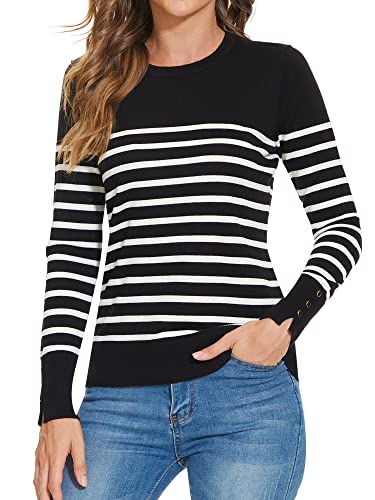 Image of Sweaters for Women Striped Crew Neck Pullover Sweater Lightweight Long Sleeve Fall Knit Tops
