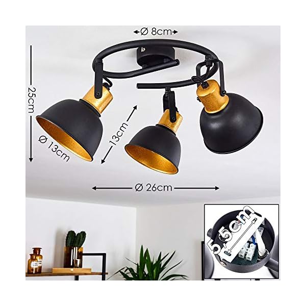 Ceiling Light Blackburn in Black & Golden Metal, semi-Flush Ceiling spotlights, 3 orientable Spots, 3 x E14 max. 25 Watt Light Bulb, Suitable LED Bulb - Image 4