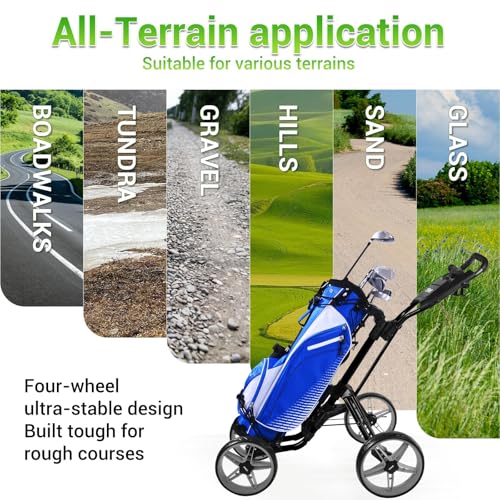 Image of Tivor Lightweight Golf Push cart 4 Wheel Foldable Golf Trolley for Adults and Junior with Ergonomic Adjustable Handle, Scorecard Holder, Umbrella Mount, Foot Brake, All-Terrain Wheels