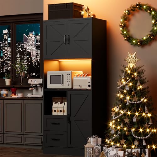 Image of Kitchen Pantry Storage Cabinet with LED Lights and Power Strip, Tall Farmhouse Kitchen Pantry with Barn Doors and Drawers, Adjustable Shelves for Dining Living Room (Black)