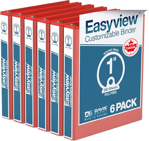 Image of Easyview 3-Ring Binder, Clear-View Cover, 1 inch Round Rings, Red, 6 Pack