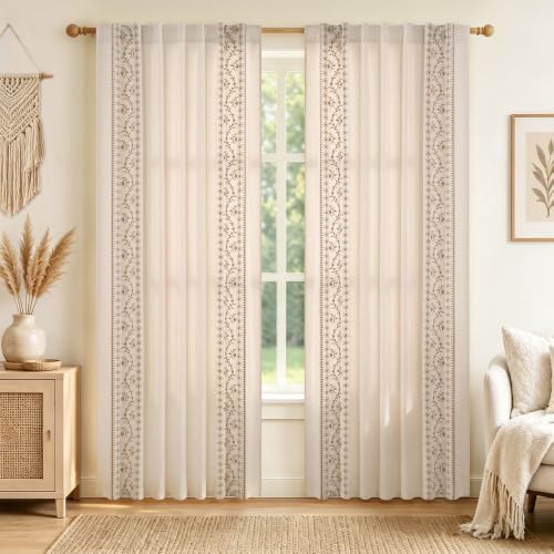 Image of Yinhua Boho Curtains for Living Room 84 Inch Long Brown Embroidered Floral Bedroom Curtains, Farmhouse Light Filtering Window Curtain Rod Pocket & Back Tab Drapes, 52 inch W x 84 inch L, 2 Panels