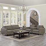 Modway Empress Mid-Century Modern Upholstered Fabric Sofa and Two Armchair Set in Granite