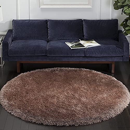 Image of Premium Round Shaggy Carpet Plain Fur Rugs Under Chair 4x4 Feet Microfiber & Polyster Modern Interior Floor Mat Brown