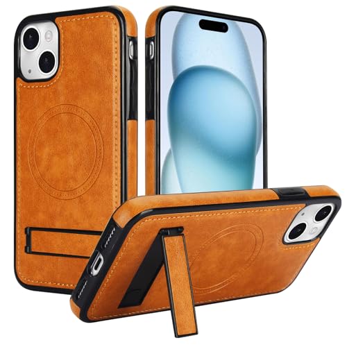 Custodia magnetica per iPhone 15 plus compatibile con Magsafeï¼½ ricarica staffa nascosta forte custodia protettiva per 15 plus wireless arancione pelle sintetica