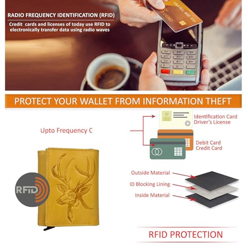 Image of Men's Genuine Leather RFID Wallet | Premium Slim Red Wallet for Men with Deer 3D Print | 8 Card Slots Secure and Durable | Casual Stylish | Formal & Gifting Use, Yellow and Silver