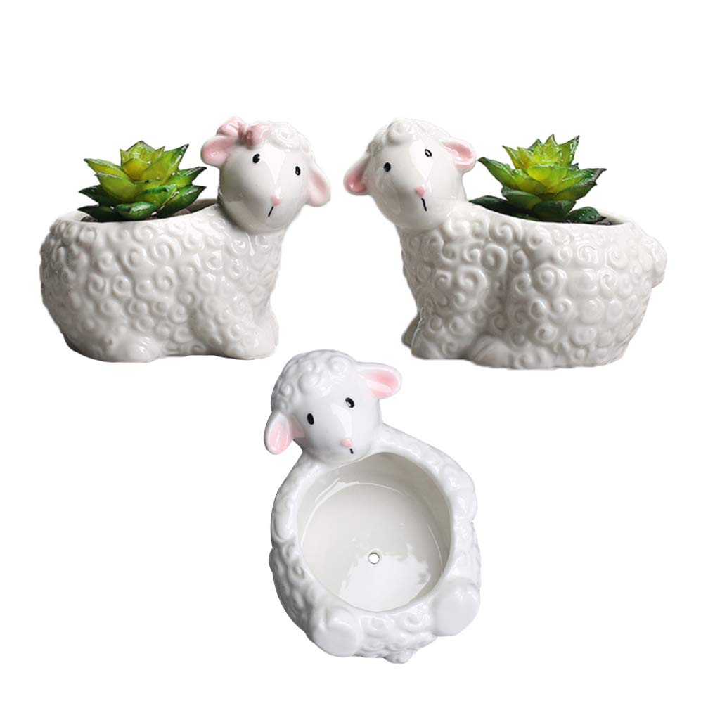 Laimiao 2pcs Sheep Lamb Succulent Planter Mini Ceramics Animal Plant Pot Pen Pencil Brush Holder Cactus Container Candy Bowl for Bonsai Mininature Fairy Garden (Size Name : Size 2)