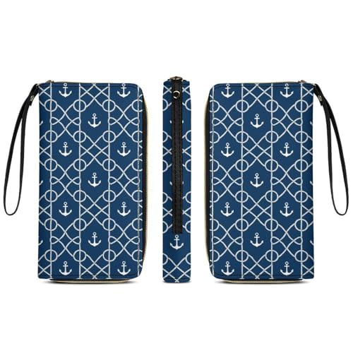 Women Travel Wallet, Zipper Closure Phone Purse, Portable Rope Wallets, Perfect for Business, Nautical Anchor Chevron Net Navy3