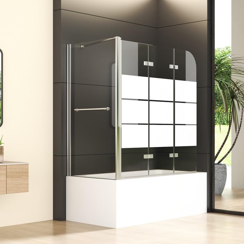 Duschwand für Badewanne mit Seitenwand 70x120x140cm 3-teilig Faltbar, Gestreift Glas Duschabtrennung Badewannenaufsatz Duschtrennwand aus 6mm Sicherheitsglas, Seitenwand mit Handtuchhalter