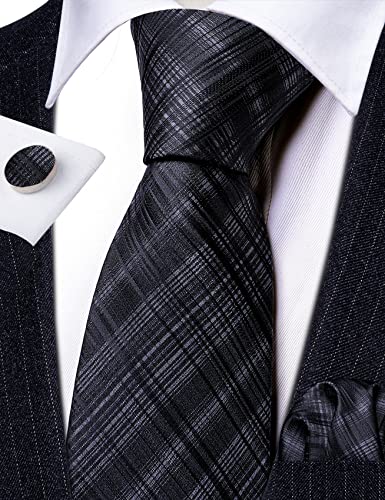 Image of Barry.Wang Tie Sets for Men Silk Stripe Necktie Woven Checkered Handkerchief Cufflinks Formal Business Wedding