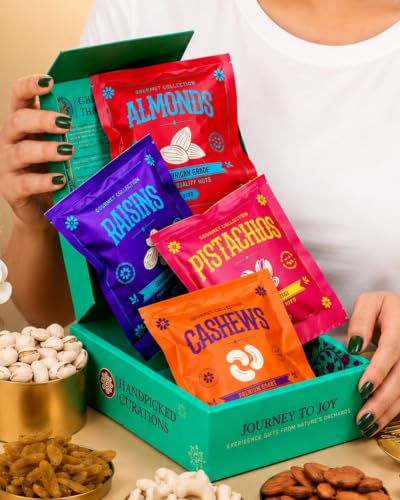 Image of Hyperfoods Rakhi Set for Brother With Dry Fruits Set RawFruit Gifts From The Orchards Dry fruit Gift Box 120 Grams, Cashews, Almonds, Pista, Raisins (30Gm Each) with Rakhi Gift Hamper For Brother with Roli & Rice