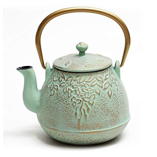 Tea Kettle, TOPTIER Japanese Cast Iron Teapot with Stainless Steel Infuser, Cast Iron Tea Kettle Stovetop Safe, Leaf Design Teapot Coated with Enameled Interior for 32 Ounce (950 ml), Light Green