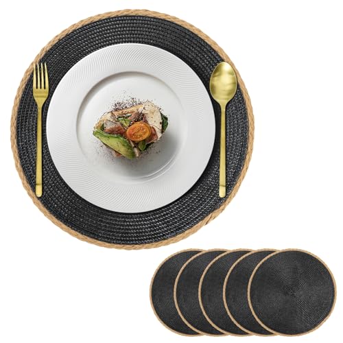 Manteles Individuales Juego de 6 Salvamanteles Individuales Redondos Lavables Resistentes Al Calor Antideslizantes Placemat para Bodas en Granjas, Decoración de Mesas de Comedor, Cocina Casera Negro