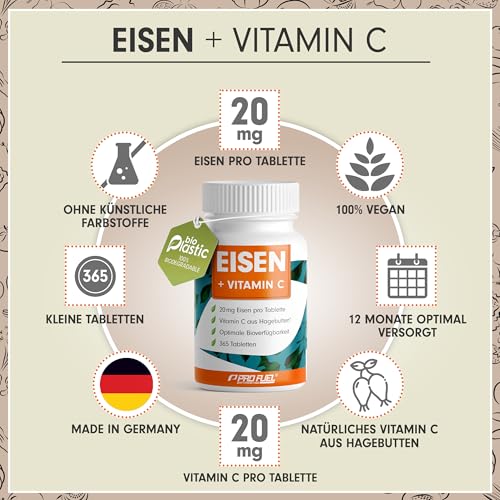 Eisentabletten hochdosiert 365x mit 20 mg Eisen + Vitamin C (20mg) aus Hagebutten - bioverfügbares Eisenbisglycinat + natürliches Vitamin C aus Hagebutten-Extrakt - laborgeprüft mit Zertifikat