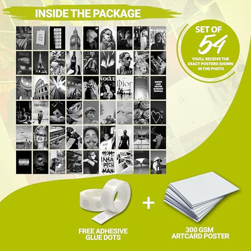 Image of MODERN GALLERY MART Pack of 54 Black Aesthetic Wall Collage Kit Posters - 4 x 6 Inches Posters for Wall Decoration - Wall Art For Bedroom, Office, Living room, Dorm room - Glue Dots Included
