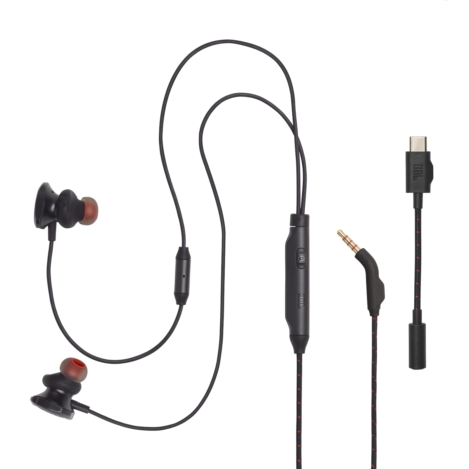 JBL Quantum 50 C Słuchawki Przewodowe Douszne do Gier z Mikrofonem z funkcją „Voice Focus” i Wyciszeniem, Adapterem USB C, Dźwiękiem JBL QuantumSURROUND, Kompatybilne z Wieloma Platformami, Czarne