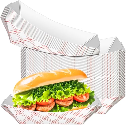 MotBach 50 Pack Checkered 2Lb Paper Food Boat Trays Disposable Paper Boats Containers, Colored Kraft Food Serving Tray Boats Plates for Snack Fries Dessert Sandwich Popcorn Taco BBQ Nacho