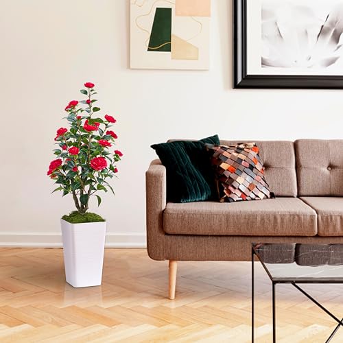 FSOHOI 4FT Artificial Camellia Tree Indoor, Fake Camellia Plant with 24 Red Flowers, Low Maintenance Large Artificial Plants, Artificial Plants in Pots for Home, Office, and Patio - Image 6