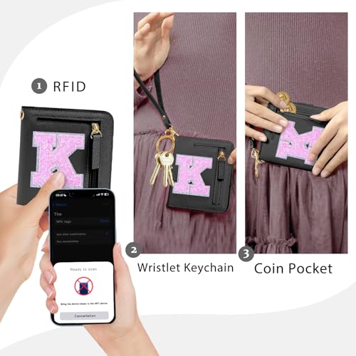 Image of COSHAYSOO Initial Wallet RFID Small Bifold Slim Letter Wallet for Women Teenager Girls Travel Daily Necessities Credit Cards Money Cash Coin Organizer, Black, Compact, K