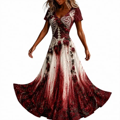 Skeleton Dresses for Women Halloween Short Sleeve V Neck Gothic Maxi Dress - image 1