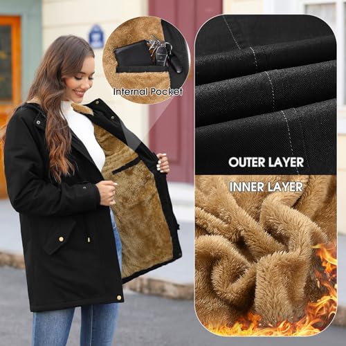 Vancavoo Winterjacke Damen Winter Warm Winterparka Gefüttert Mantel Parka Herbst Kapuzenmantel Frauen Wintermantel,Schwarz,L