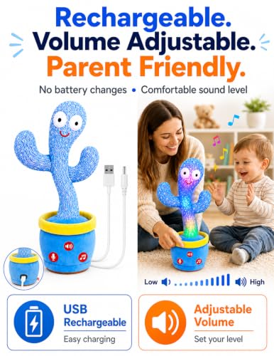 Image of River Mill Rechargeable Dancing Talking Cactus Toy Adjustable Volume, Singing Mimicking Cactus Toy, Safe Plush Eyes Music Toys for 18 Month+, Birthday Gifts for Boys Girls