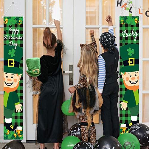 2 Pieces St Patrick\'s Day Porch Sign Happy St Patrick\'s Day and Lucky Hanging Banners for Holiday Home Indoor Outdoor Porch Wall St Patrick\'s Day Decoration(Black and Green Plaid) - Thumbnail 3