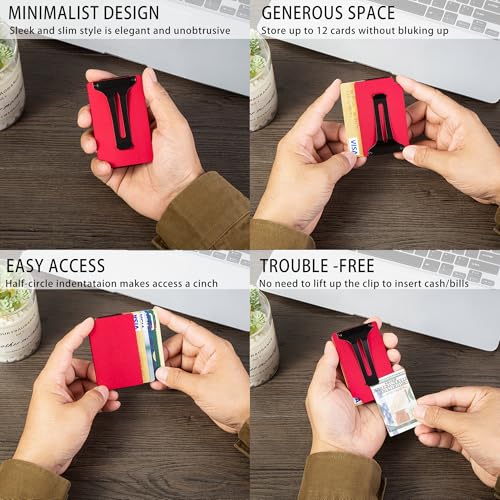 Image of Minimalist Carbon Fiber Wallet for Men, Money Clip Cash Strap Wallet, RFID Blocking Metal Wallet Aluminum Card Holder,Front Pocket Wallet(Matte Red)