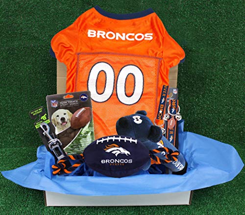 NFL Denver Broncos PET GIFT BOX with 2 Licensed DOG TOYS, 1 Logo-engraved NATURAL DOG TREAT, 1 NFL JERSEY, 1 NFL Puppy Training Bells & 1 Car Seatbelt