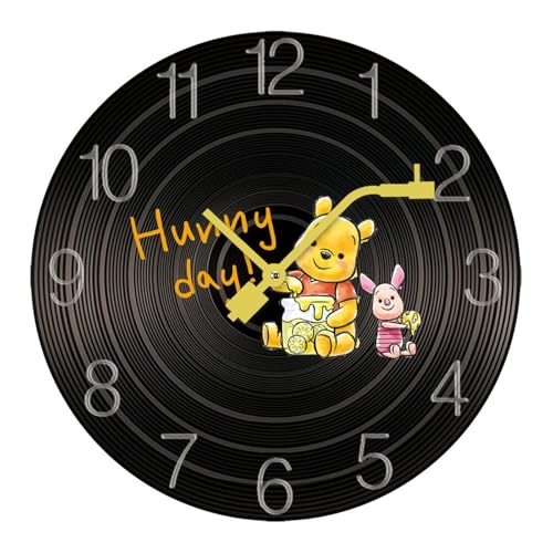 掛け時計 木製レコード くまのプーさん ウォールクロック かけ時計 置き時計 インテリア おしゃれ 電池式 飾り 木製 連続秒針 北欧 無音 壁掛け 個性的 大数字 音楽愛好家 直径30cm ギフト