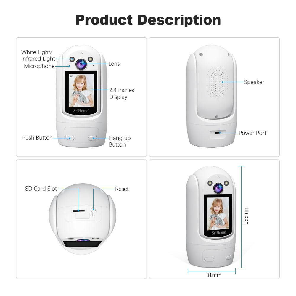 OBA SRIHOME SH060 PTZ Camera, 2MP FHD, schermo 2,4 pollici, videochiamate bidirezionali Rilevamento umanoide,Night Vision
