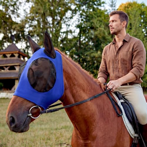 Image of Frienda 4 Pcs Horse Fly Masks with Ears UV Protection Elastic Horse Mask Breathable Comfortable Fly Mask for Adult Horses, Protect from Summer Insect(Large,Rose Red, Royal Blue, Orange, Light Pink)