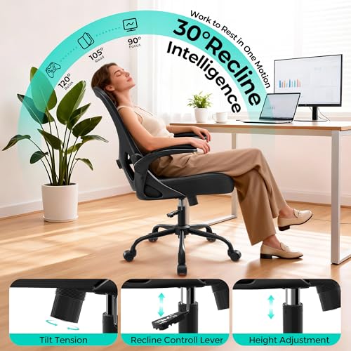 Image of AreShark Office Chair - Ergonomic Breathable Mesh Desk Chair with Adjustable Lumbar Support and Flip-up Armrests - Executive High Back Rolling Swivel Comfortable Computer Gaming Chair for Home Office