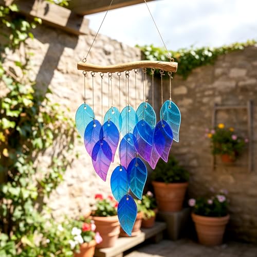 Glass Leaves Wind Chimes for Outdoor Memorial Decor - Unique Wind Chimes for Garden Yard Porch & Christmas Durable Outside Christmas Decoration with Handcrafted Glass Design