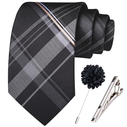 Image of Hi-Tie 63 inches Striped Paisley Extra Long Ties for Men Silk Necktie with Lapel Pin Tie Clip Big and Tall Men Formal Wedding