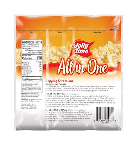 Jolly Time All In One Kit for Popcorn Machine Portion Packet, 8.0 Ounce (Pack of 36)