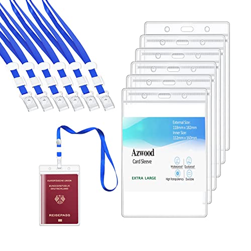 AZWOOD Porte-Badges avec Lanière, GRANDE TAILLE Imperméable à L'eau des Porte Badge, Lot de 6 Porte Badges Transparent en Plastique, Porte-Cartes Verticaux en Étanche