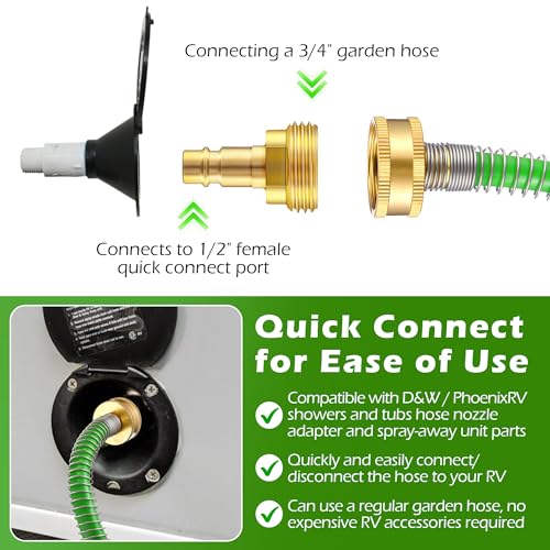 Image of RV Exterior Shower Hose, 15FT Green Coil Water Hose with 1 /2 inch Quick Connect Adapter, Recoils to 9 inch, Weather Resistant Recoil Garden Camper Tube for RV Outdoor Shower, Garden Use, 3 /4 inch Fitting