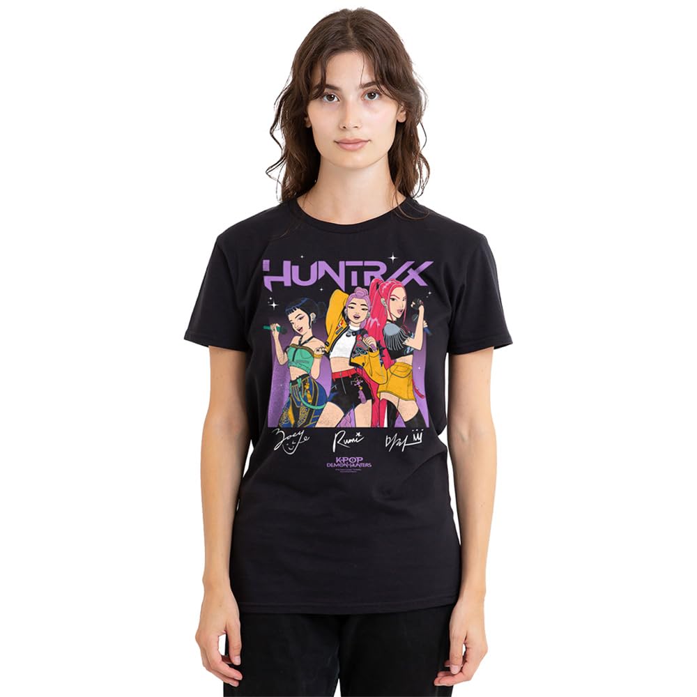 Kpop Demon Hunters Singing Signatures Ladies T Shirt, Black, Medium